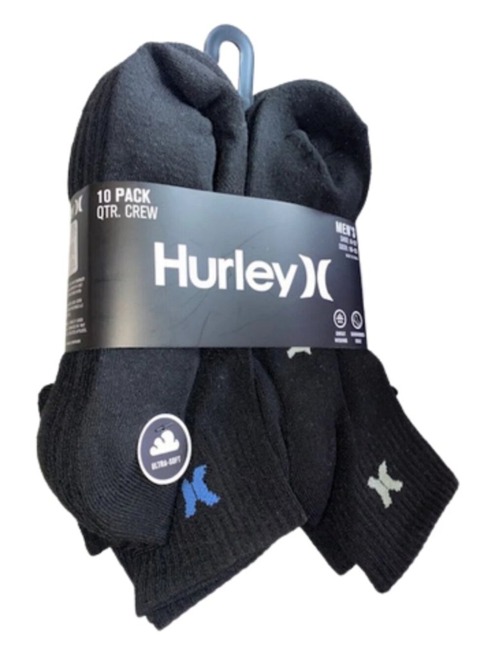 Hurley 10 Pair Men's Black Quarter Crew Socks Sock Size 10-13
